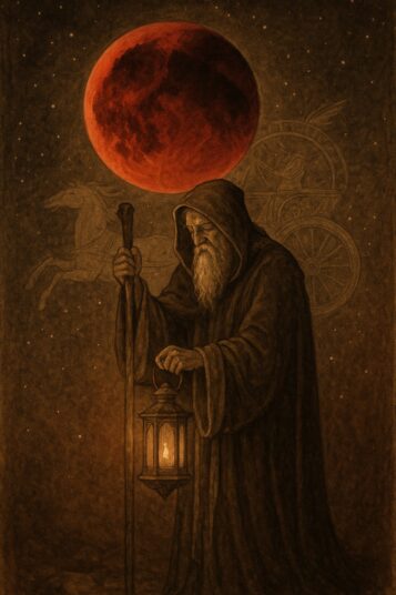 Illustrazione dell’Eremita con lanterna sotto la Luna Rossa, simbolo del Portale 9/9/9 e del compimento spirituale.